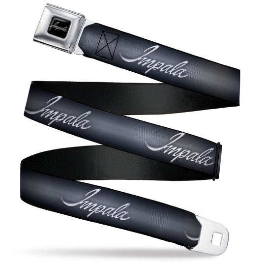 IMPALA Script Emblem Full Color Black Silver Seatbelt Belt - IMPALA Script Emblem Gray Fade/Silver Webbing