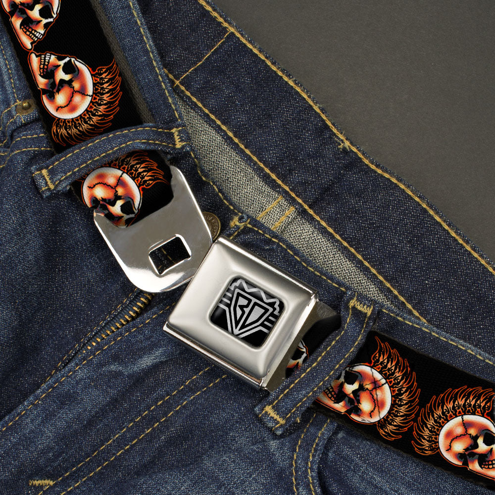 BD Wings Logo CLOSE-UP Full Color Black Silver Seatbelt Belt - Mohawk Skulls - NO Star Webbing