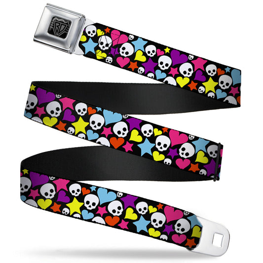 BD Wings Logo CLOSE-UP Full Color Black Silver Seatbelt Belt - Funky Skulls Hearts & Stars Black/Multi Color Webbing