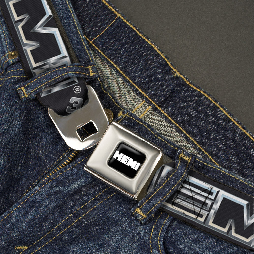 HEMI Bold Full Color Black/White Seatbelt Belt - HEMI Bold Outline 392/426 Black/Silver-Fade Webbing