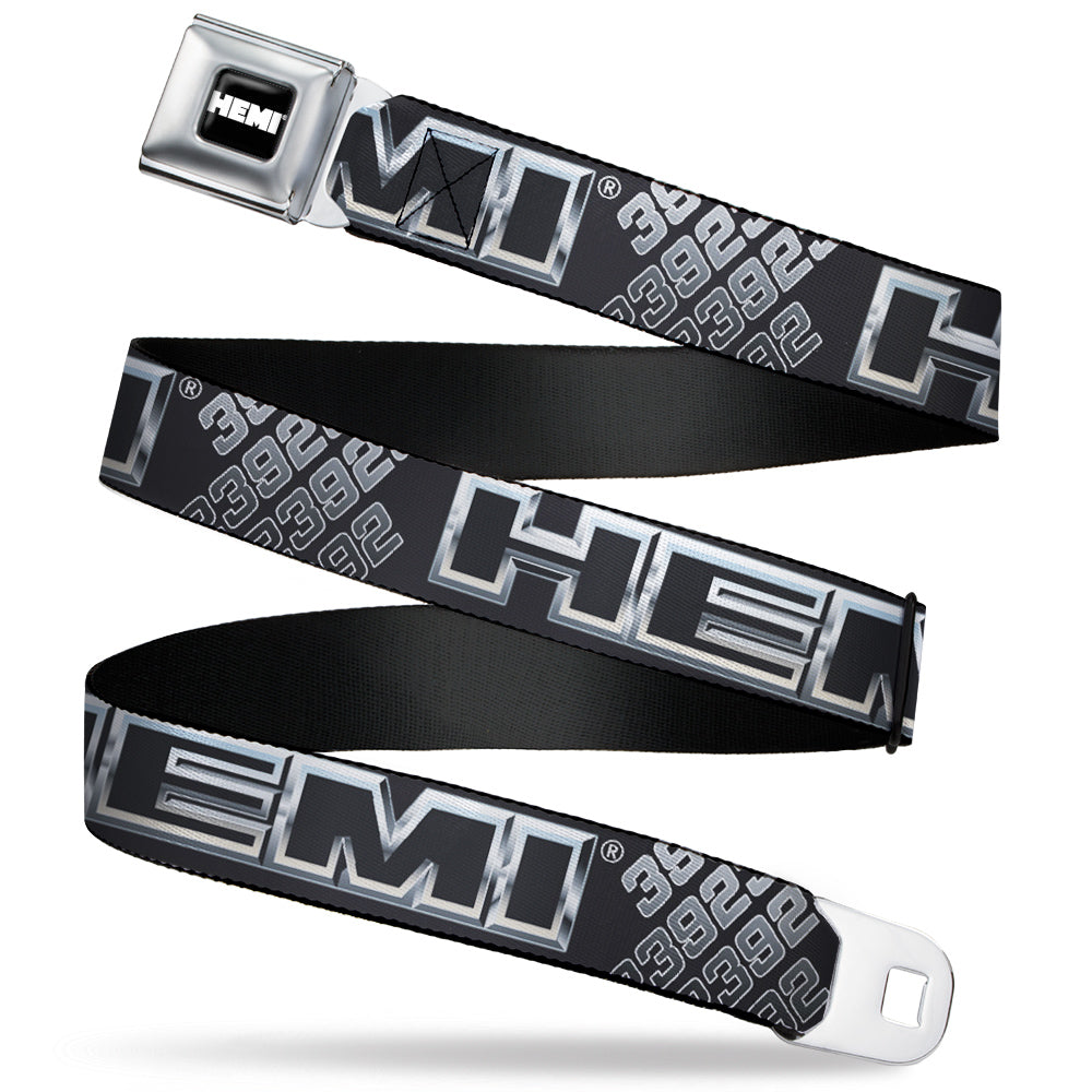 HEMI Bold Full Color Black/White Seatbelt Belt - HEMI Bold Outline 392/426 Black/Silver-Fade Webbing