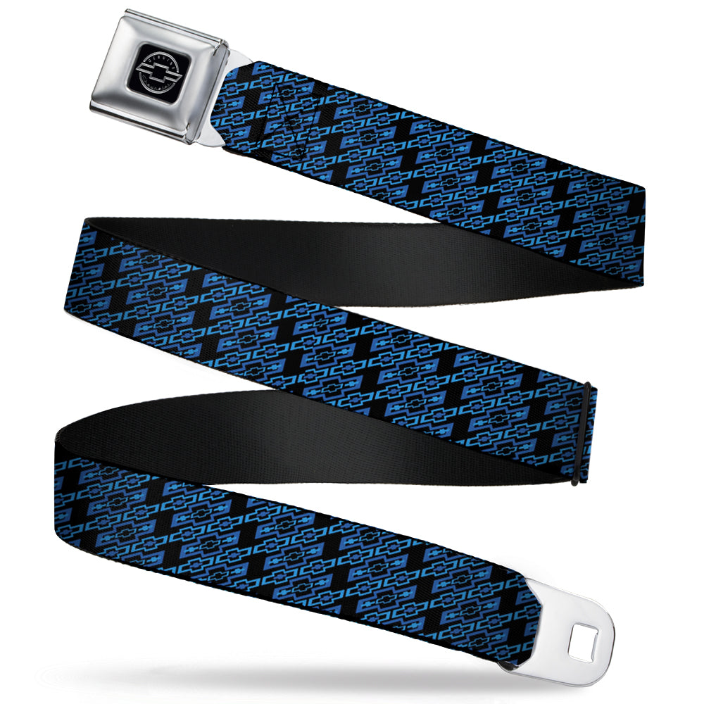 Chevy Seatbelt Belt - Diagonal Retro Chevy Bowtie Monogram Black/Blues Webbing