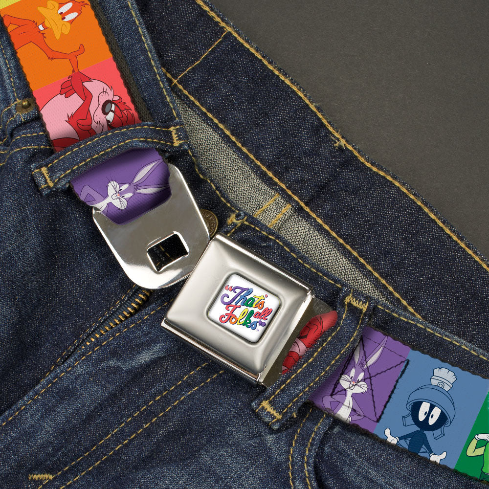 Looney Tunes THAT'S ALL FOLKS Script Full Color White/Multi Color Seatbelt Belt - Looney Tunes 6-Character Pose Pride Blocks Multi Color Webbing