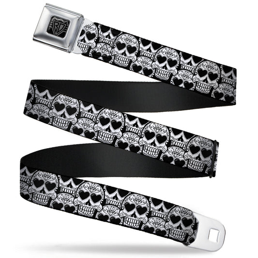 BD Wings Logo CLOSE-UP Full Color Black Silver Seatbelt Belt - Diamond Sugar Skull Stacked Black/Silver Fade/White Webbing