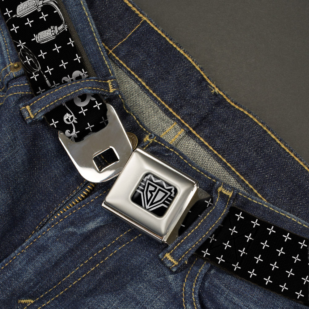 BD Wings Logo CLOSE-UP Full Color Black Silver Seatbelt Belt - DJ Skulls Black/Gray Webbing