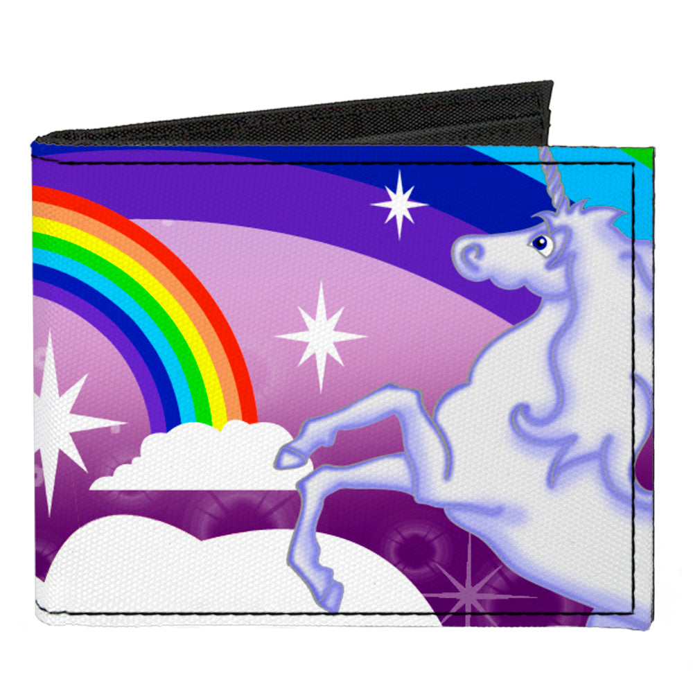 Canvas Bi-Fold Wallet - Unicorns in Rainbows w Sparkles Purple