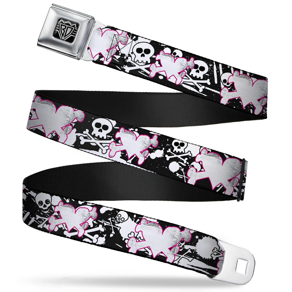 BD Wings Logo CLOSE-UP Full Color Black Silver Seatbelt Belt - Heart & Cross Bones w/Skulls & Splatter Black/White Webbing