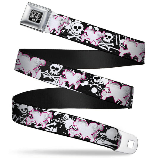 BD Wings Logo CLOSE-UP Full Color Black Silver Seatbelt Belt - Heart & Cross Bones w/Skulls & Splatter Black/White Webbing