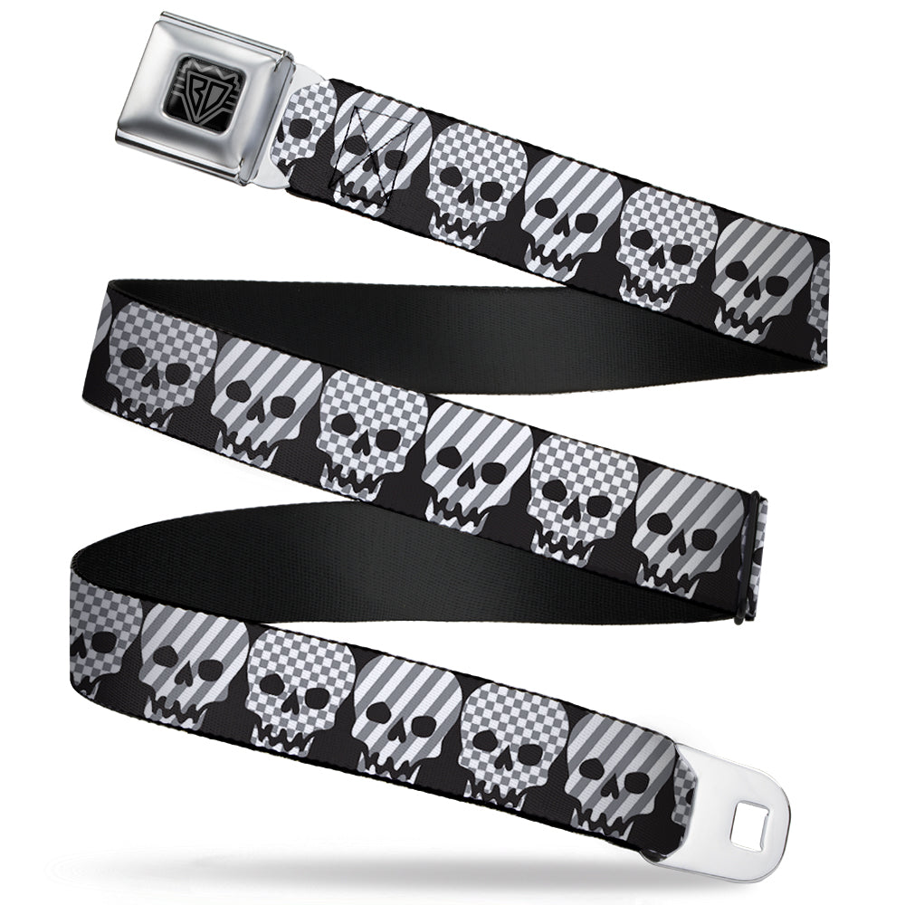 BD Wings Logo CLOSE-UP Full Color Black Silver Seatbelt Belt - Checker & Stripe Skulls Black/White/Gray Webbing