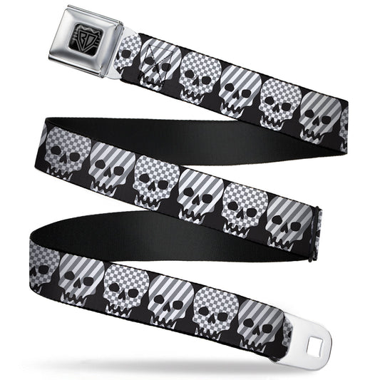 BD Wings Logo CLOSE-UP Full Color Black Silver Seatbelt Belt - Checker & Stripe Skulls Black/White/Gray Webbing