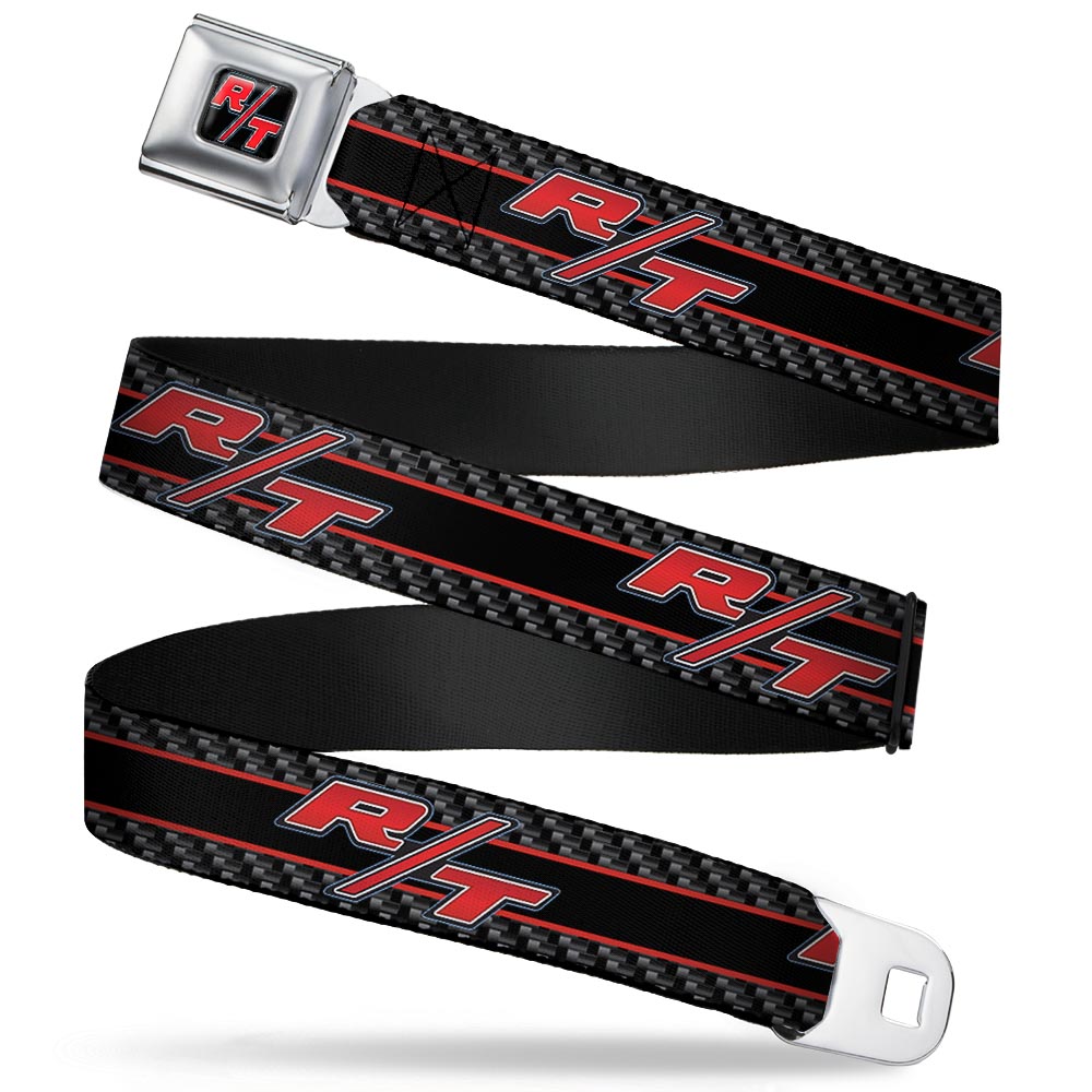 Dodge Challenger R T Emblem Full Color Black White Red Seatbelt Belt - Dodge Challenger R/T Emblem/Carbon Fiber Stripe Grays/Black/Red Webbing