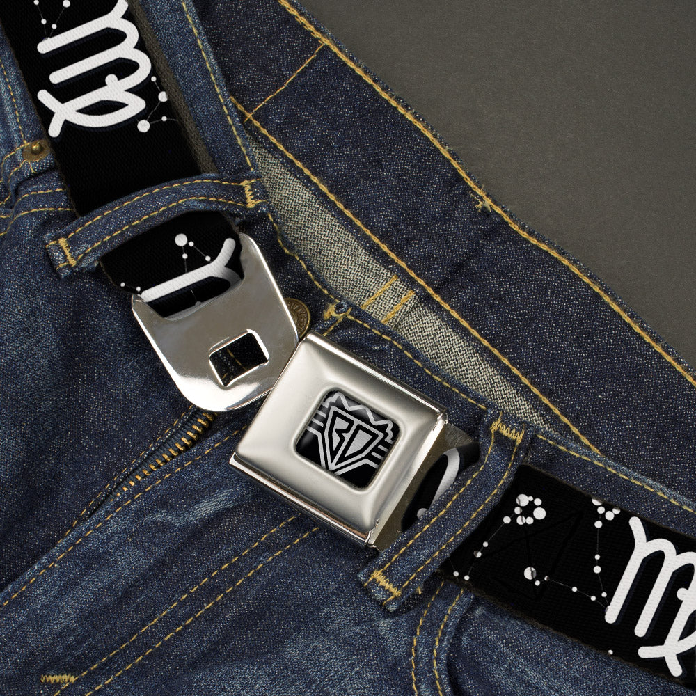 BD Wings Logo CLOSE-UP Full Color Black Silver Seatbelt Belt - Zodiac Virgo Symbol/Constellations Black/White Webbing
