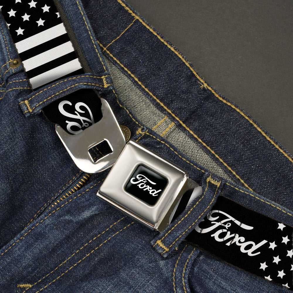FORD Script Full Color Black/White Seatbelt Belt - FORD Script Americana Stars and Stripes Black/White Webbing
