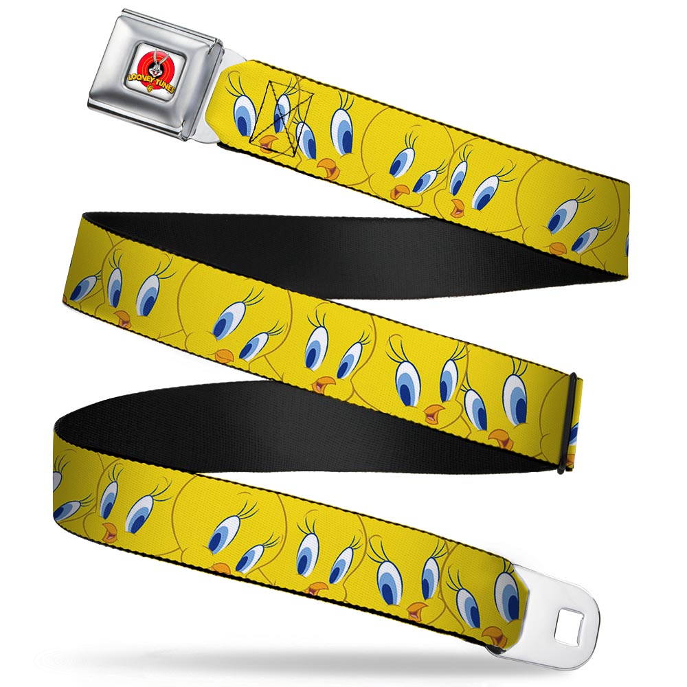 Looney Tunes Logo Full Color White Seatbelt Belt - Tweety Bird Expressions Yellow Webbing