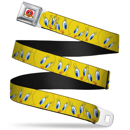 Looney Tunes Logo Full Color White Seatbelt Belt - Tweety Bird Expressions Yellow Webbing