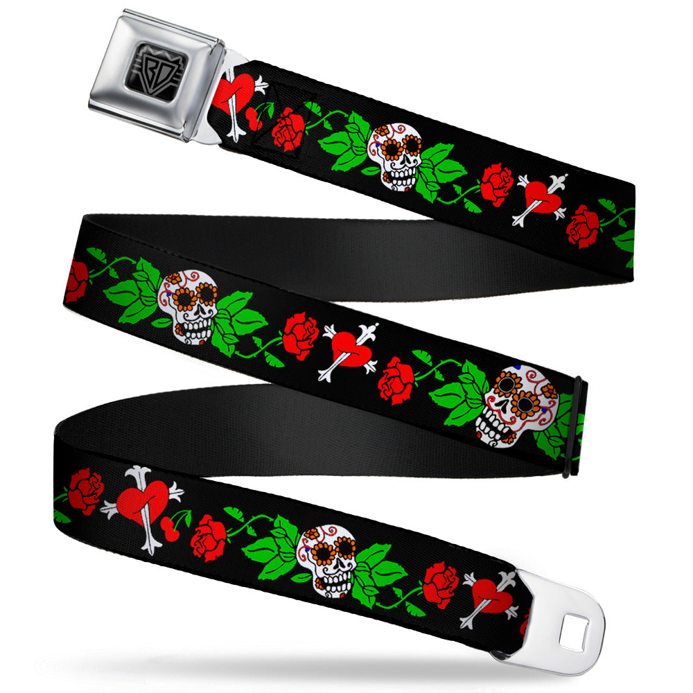 BD Wings Logo CLOSE-UP Full Color Black Silver Seatbelt Belt - Sugar Skull w/Roses & Heart Webbing