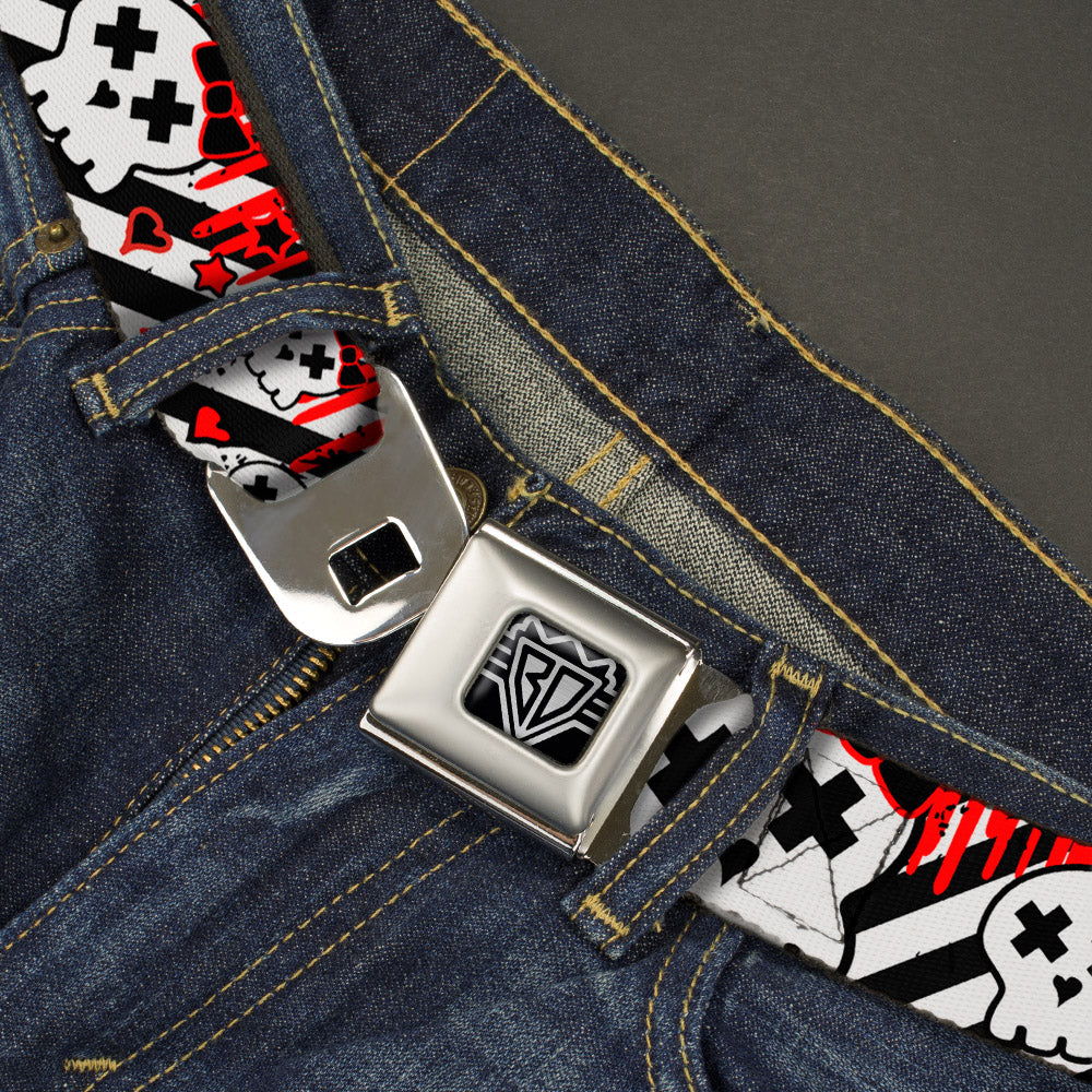 BD Wings Logo CLOSE-UP Full Color Black Silver Seatbelt Belt - Girlie Skull Black/White w/Red Paint Drips Webbing