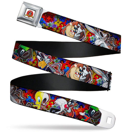 Looney Tunes Logo Full Color White Seatbelt Belt - Looney Tunes 6-Anatomy Character Poses Black Webbing