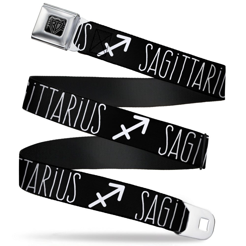 BD Wings Logo CLOSE-UP Full Color Black Silver Seatbelt Belt - Zodiac SAGITTARIUS/Symbol Black/White Webbing