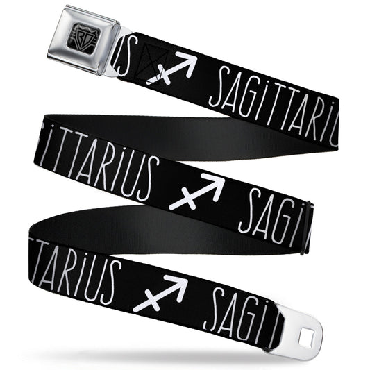 BD Wings Logo CLOSE-UP Full Color Black Silver Seatbelt Belt - Zodiac SAGITTARIUS/Symbol Black/White Webbing