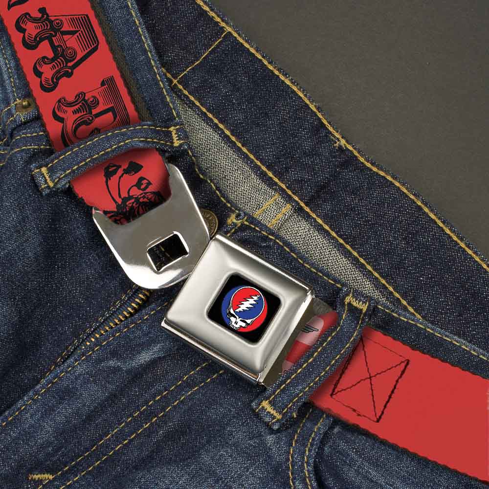 Steal Your Face Seatbelt Belt - Grateful Dead Text w/Skull & Roses Red Webbing