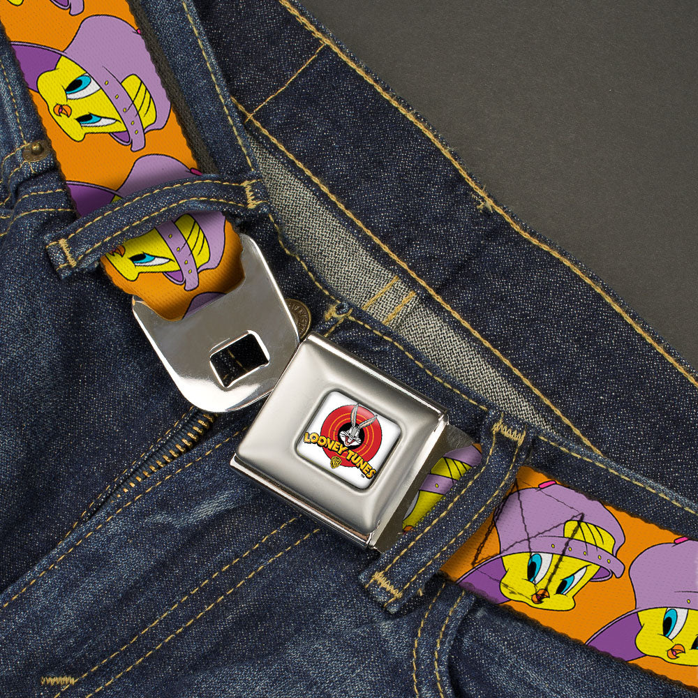 Looney Tunes Logo Full Color White Seatbelt Belt - Tweety Bird Hip Hop Expression Orange Webbing