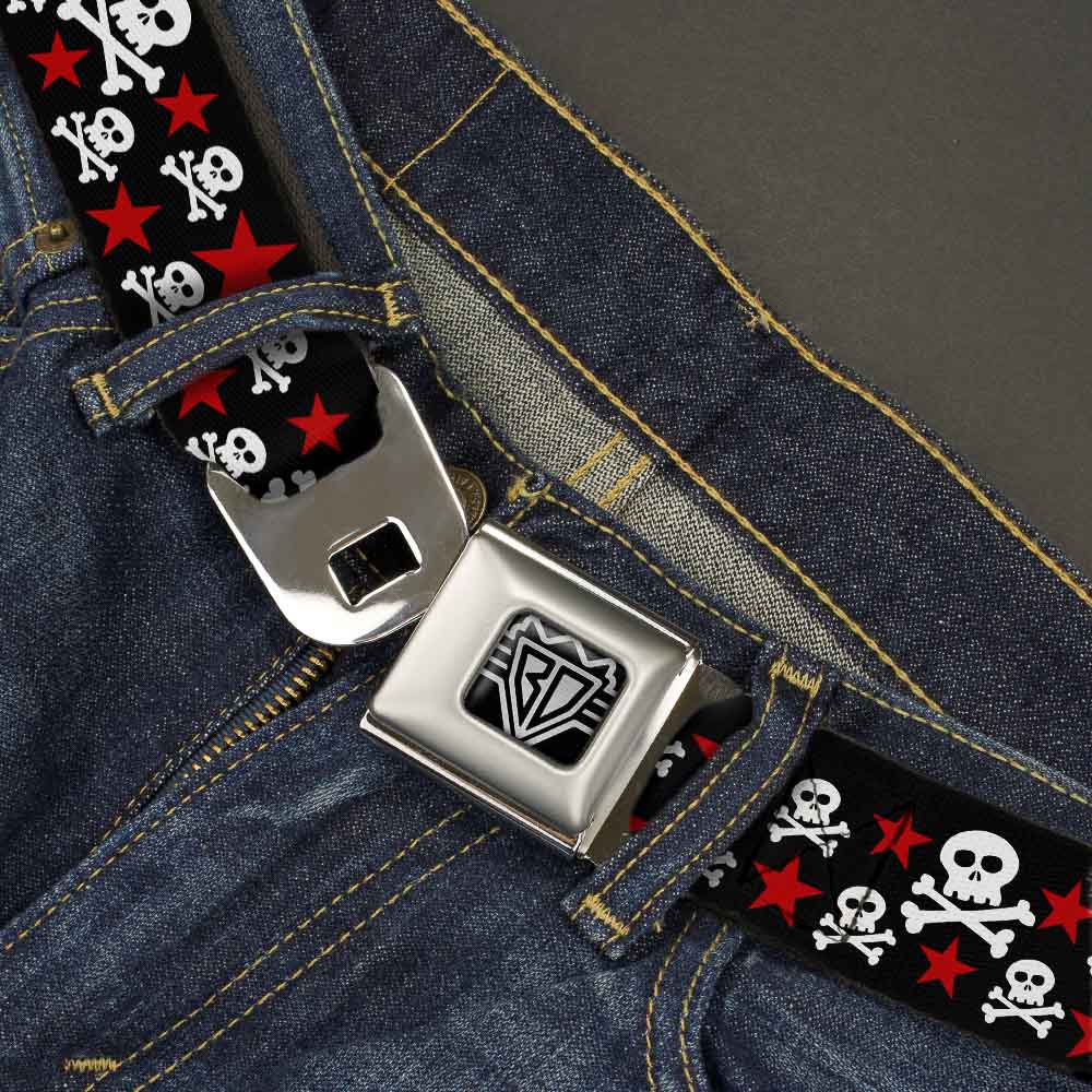 BD Wings Logo CLOSE-UP Full Color Black Silver Seatbelt Belt - Skulls & Stars Black/White/Red Webbing