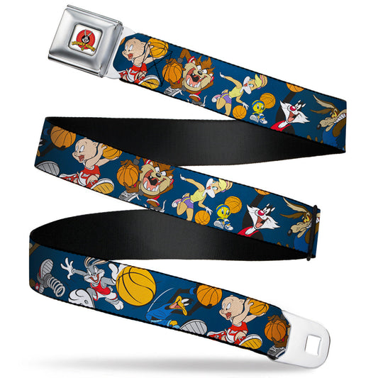 Looney Tunes Logo Full Color White Seatbelt Belt - Looney Tunes Basketball 8-Player Action Poses Navy Webbing