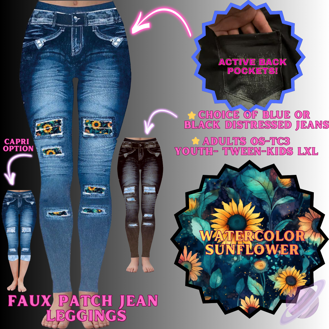 WATERCOLOR SUNFLOWER-FAUX JEAN LEGGING-PREORDER CLOSING 12/2 , ETA MID FEB.