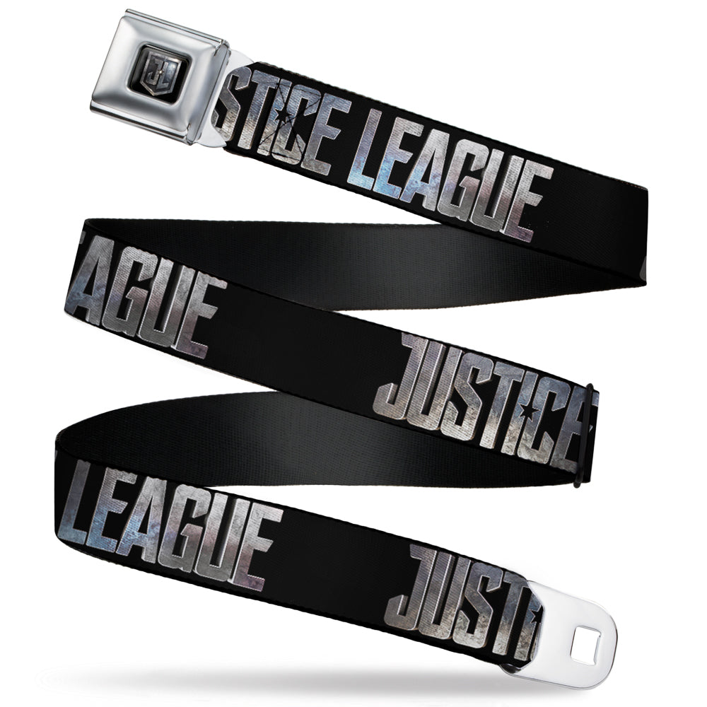 JL 2017 Badge Full Color Black Grays Seatbelt Belt - JUSTICE LEAGUE 2017 Title Black/Stone Webbing