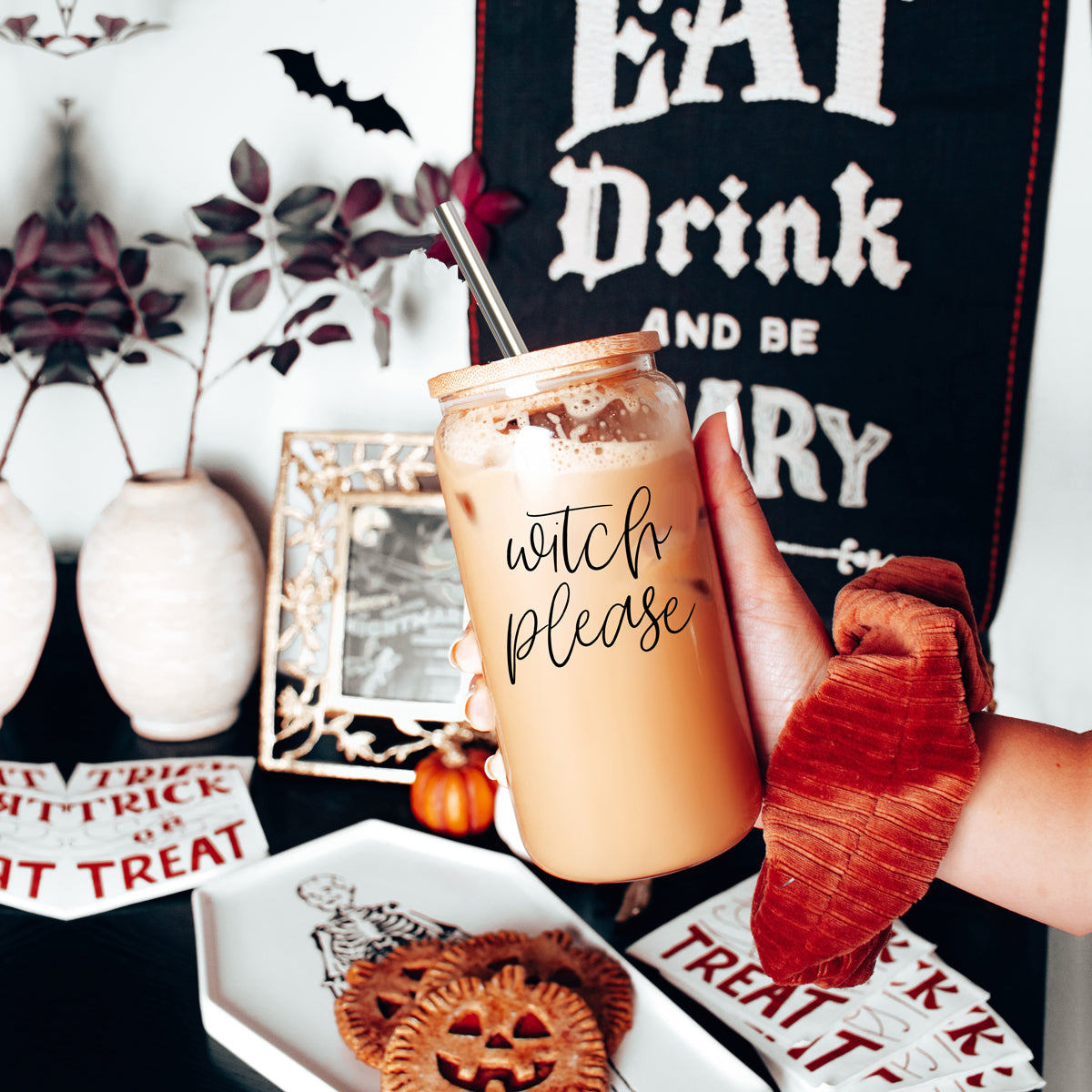 Witch Please 17oz Glass Tumbler With Bamboo Lid Stainless Straws And Cleaner