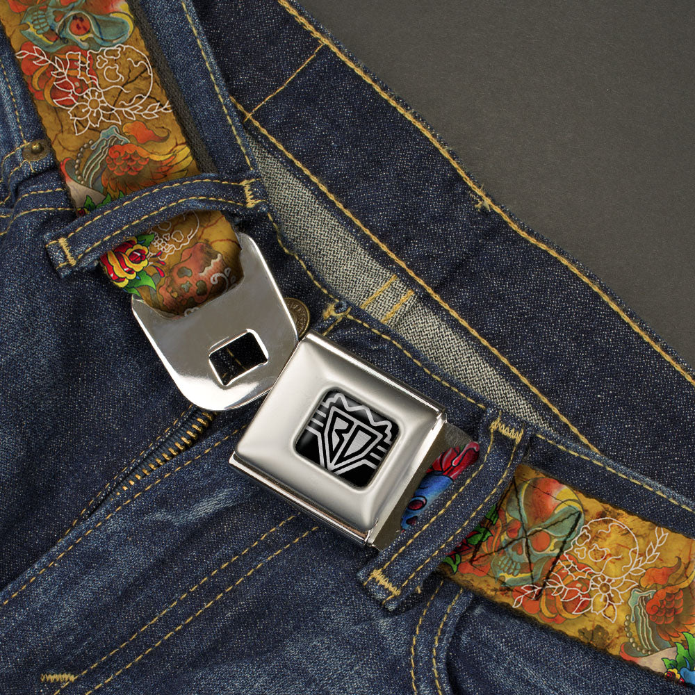 BD Wings Logo CLOSE-UP Full Color Black Silver Seatbelt Belt - TJ-Candles & Skulls Webbing