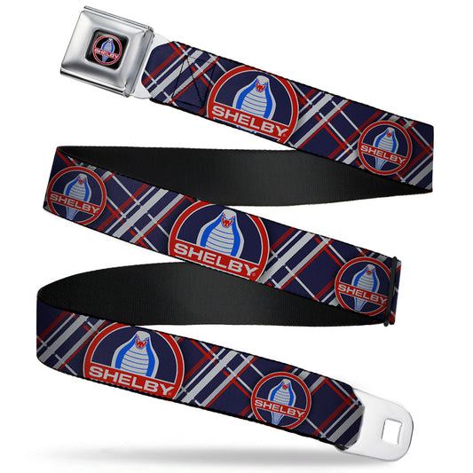 SHELBY Cobra Full Color Black Gray Red Blue Seatbelt Belt - SHELBY Cobra/Plaid X Navy/Gray/Red Webbing