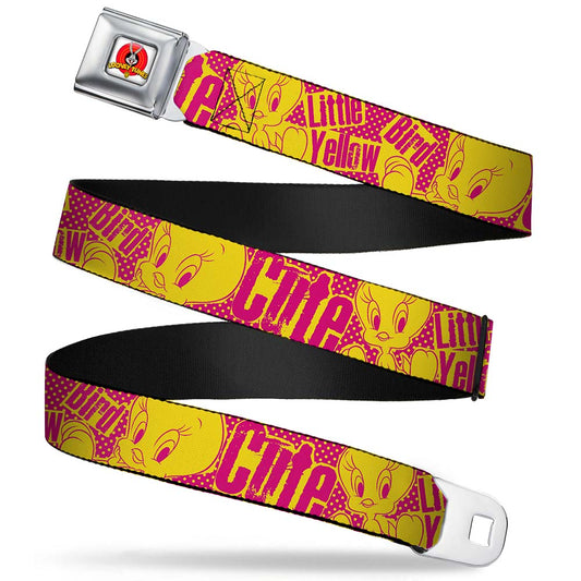 Looney Tunes Logo Full Color White Seatbelt Belt - Tweety Bird Poses CUTE LITTLE YELLOW BIRD Yellow/Pink Webbing