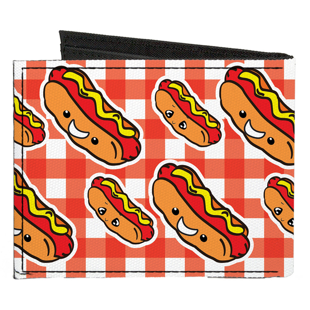 Canvas Bi-Fold Wallet - Hot Dogs Buffalo Plaid White Red