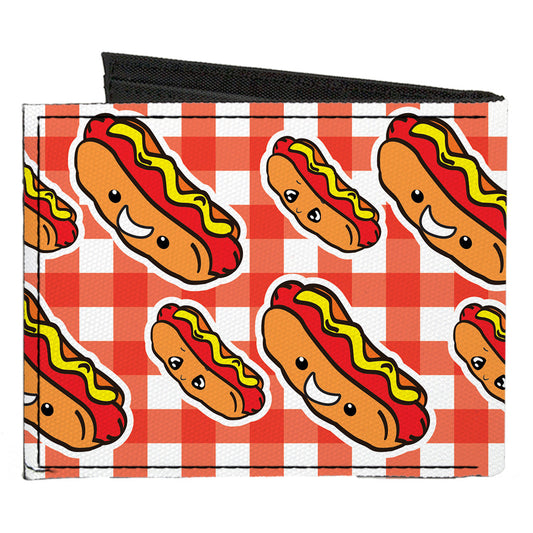 Canvas Bi-Fold Wallet - Hot Dogs Buffalo Plaid White Red
