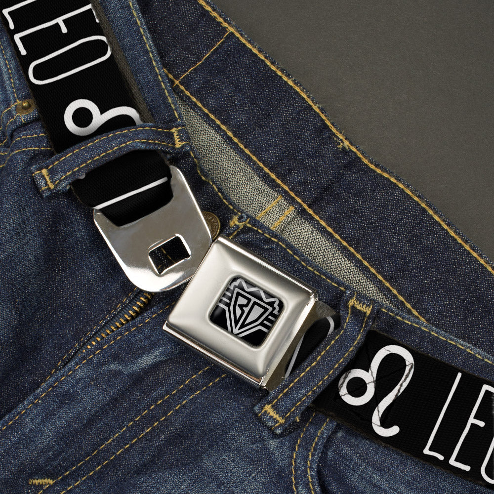 BD Wings Logo CLOSE-UP Full Color Black Silver Seatbelt Belt - Zodiac LEO/Symbol Black/White Webbing