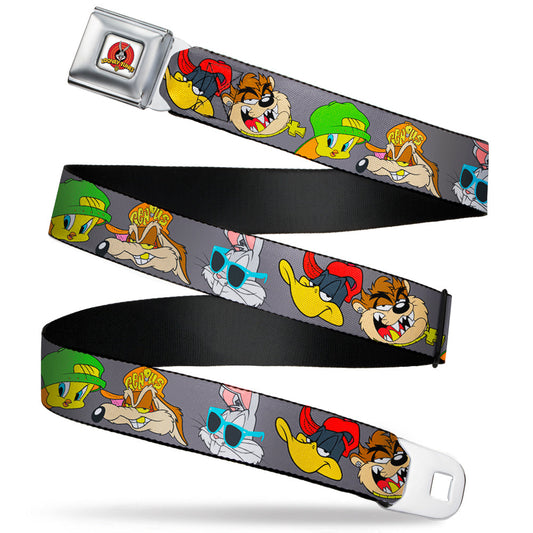 Looney Tunes Logo Full Color White Seatbelt Belt - Looney Tunes 5-Hip Hop Expressions Gray Webbing