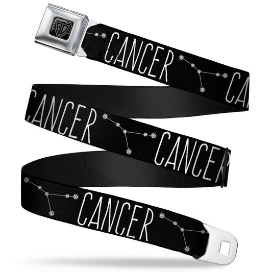 BD Wings Logo CLOSE-UP Full Color Black Silver Seatbelt Belt - Zodiac CANCER/Constellation Black/White Webbing