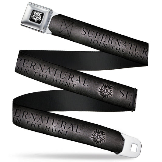 Winchester Logo Full Color Black White Seatbelt Belt - SUPERNATURAL-JOIN THE HUNT/Winchester Pentagram Grays/Black Webbing