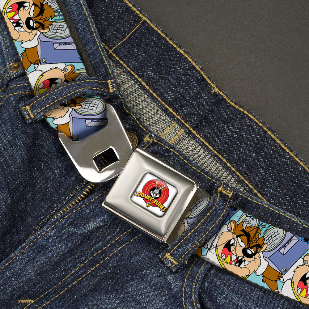 Looney Tunes Logo Full Color White Seatbelt Belt - Tasmanian Devil Boom Box Pose Baby Blue Webbing