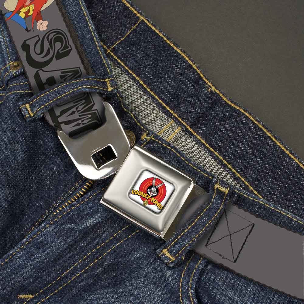 Looney Tunes Logo Full Color White Seatbelt Belt - YOSEMITE SAM w/Poses Gray Webbing
