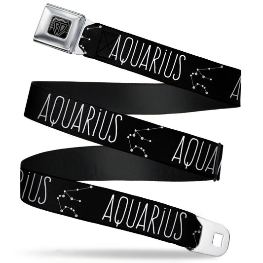 BD Wings Logo CLOSE-UP Full Color Black Silver Seatbelt Belt - Zodiac AQUARIUS/Constellation Black/White Webbing