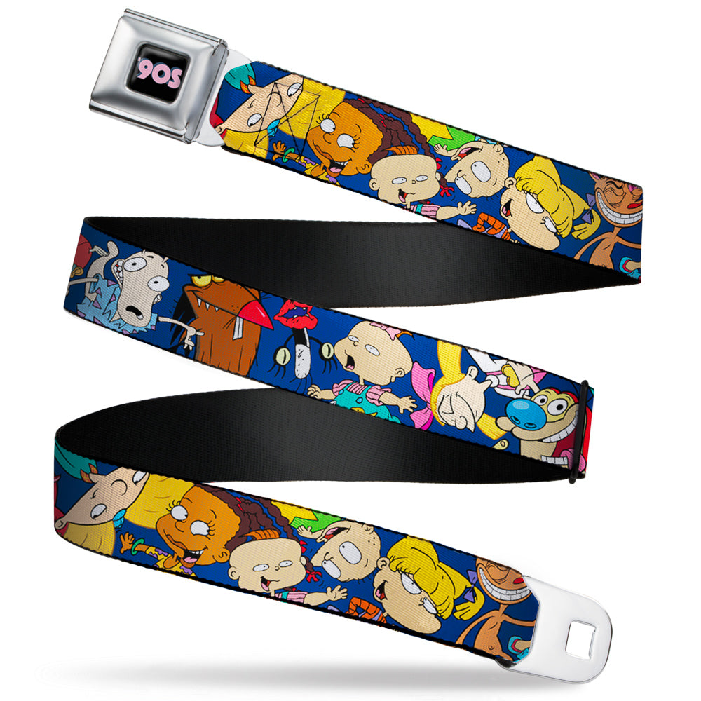 Nick 90'S Rewind Icon Full Color Black/Blue/Pink Seatbelt Belt - Nick 90's Rewind 16-Character Poses Navy Blue Webbing