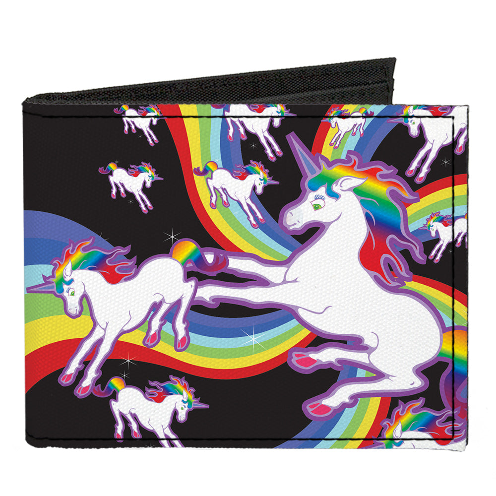 Canvas Bi-Fold Wallet - Unicorns Rainbow Swirl Black
