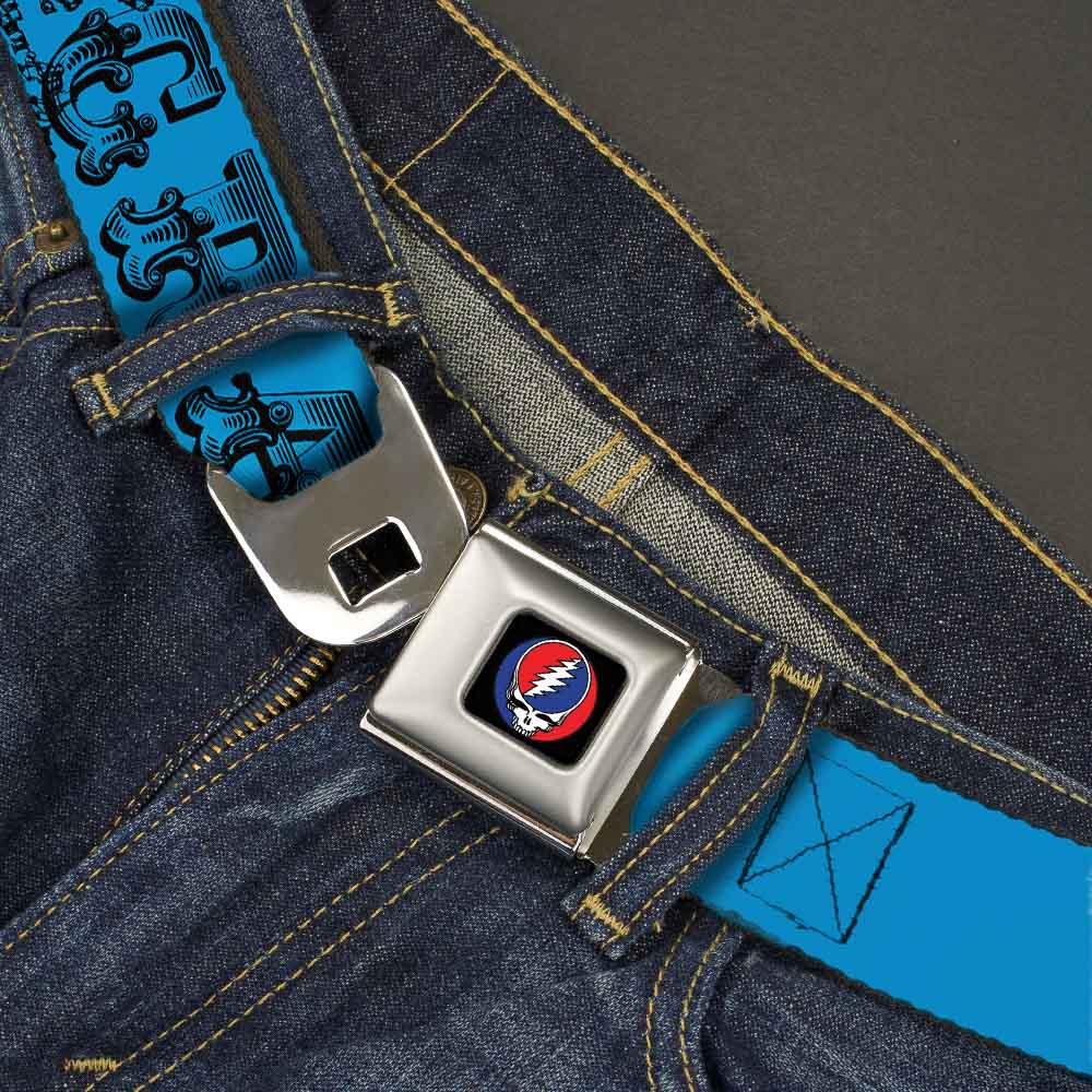 Steal Your Face Seatbelt Belt - Grateful Dead Text w/Skull & Roses Turquoise Webbing