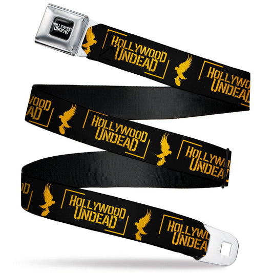 HOLLYWOOD UNDEAD Text Logo Full Color Black/White Seatbelt Belt - HOLLYWOOD UNDEAD Text Logo/Dove & Grenade Icon Black/Gold Webbing