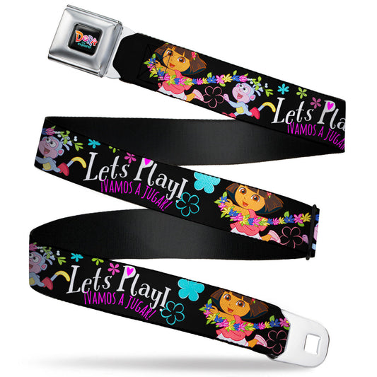 DORA THE EXPORER Logo2 Full Color Black/Multi Color Seatbelt Belt - Dora & Boots Pose/Floral LET'S PLAY!/VAMOS A JUGAR! Black/White/Multi Color Webbing