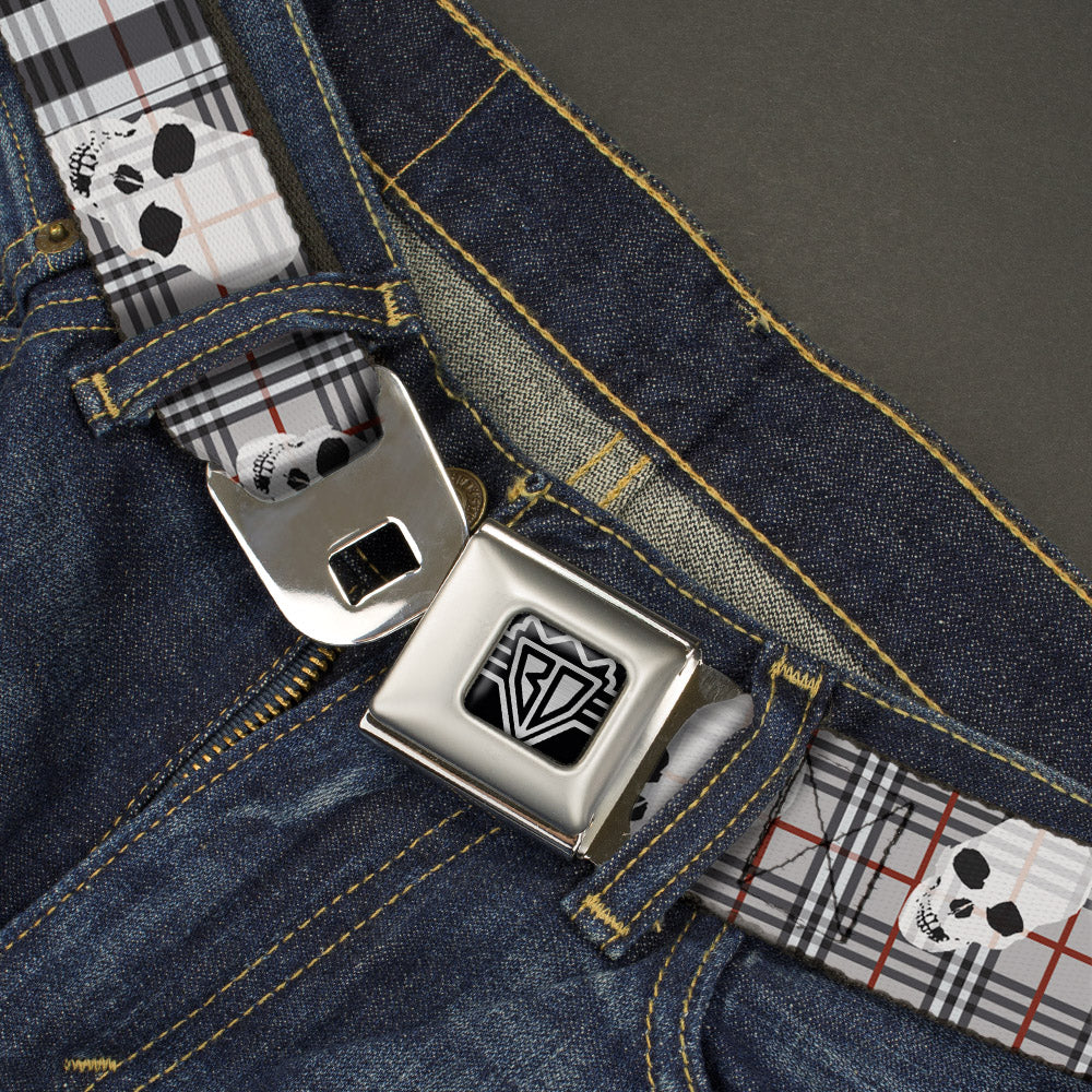 BD Wings Logo CLOSE-UP Full Color Black Silver Seatbelt Belt - Tilted Skulls Plaid Gray Webbing