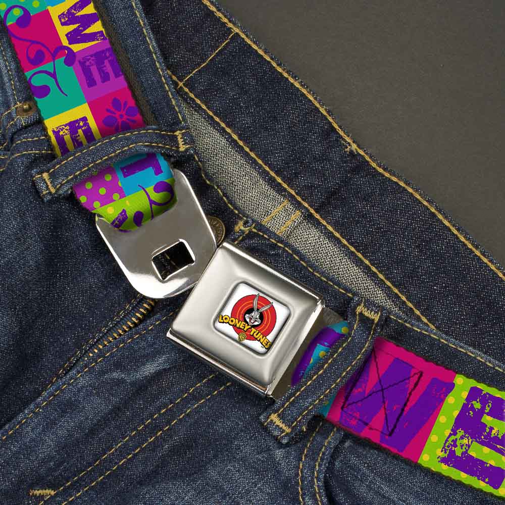 Looney Tunes Logo Full Color White Seatbelt Belt - TWEETY Letter Blocks Polka Dot Multi Color Webbing